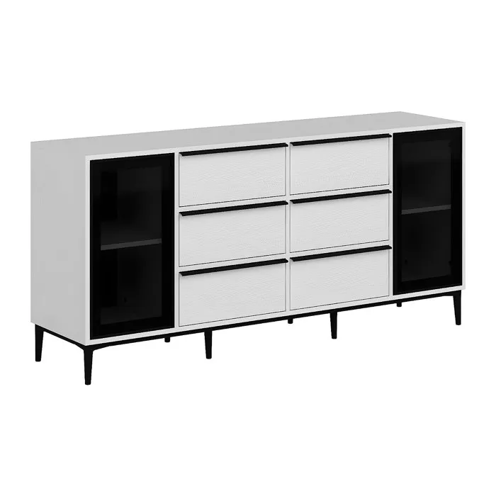 Buffet avec 2 portes en verre trempé et 6 tiroirs - Blanc et noir - MOLINIA