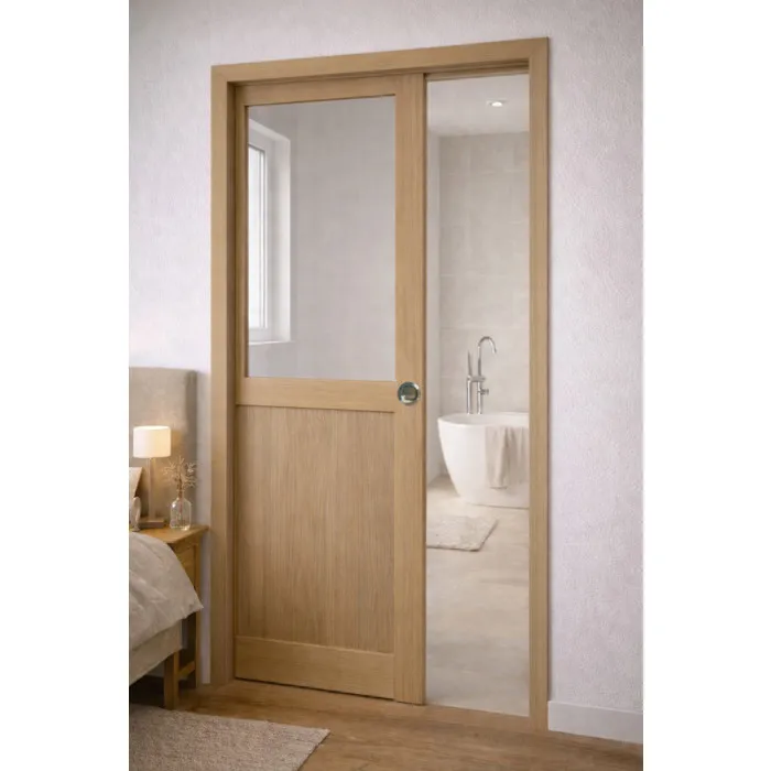 Porte Coulissante Atelier Placage Chene Vitrée H204 X L73 Cm, Galandage, Kit Finition (coquille Et Tire Doigt) Gd Menuiseries