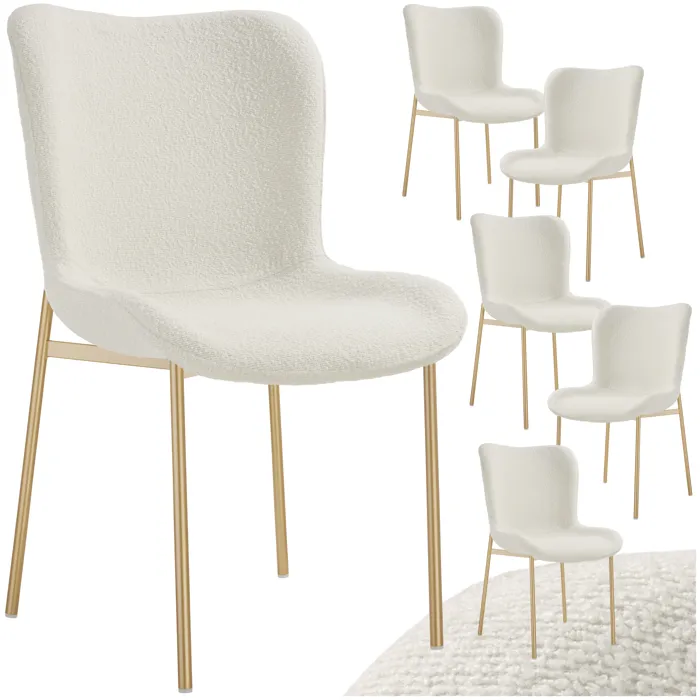 6 Chaises Rembourrées Tissu Bouclette Ergonomiques Blanc/doré