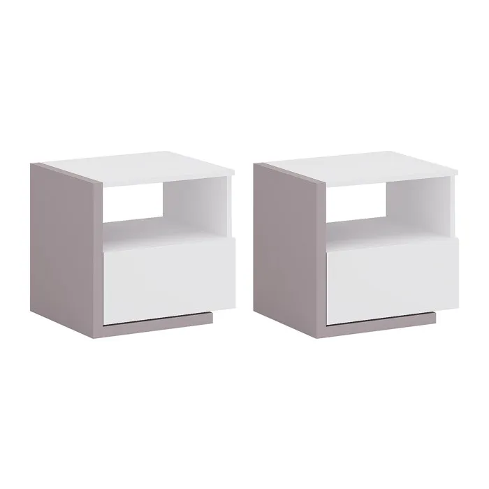 Lot de 2 tables de chevet - 1 tiroir et 1 niche - Blanc et taupe - NAPOLI II