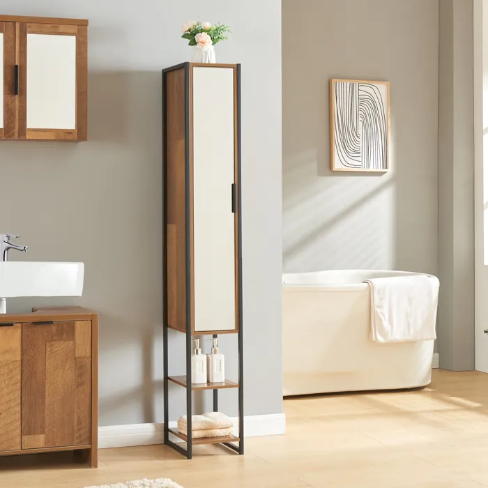 Meuble colonne de salle de bain Namsskogan 160 x 24 x 30 cm effet noyer noir en.casa
