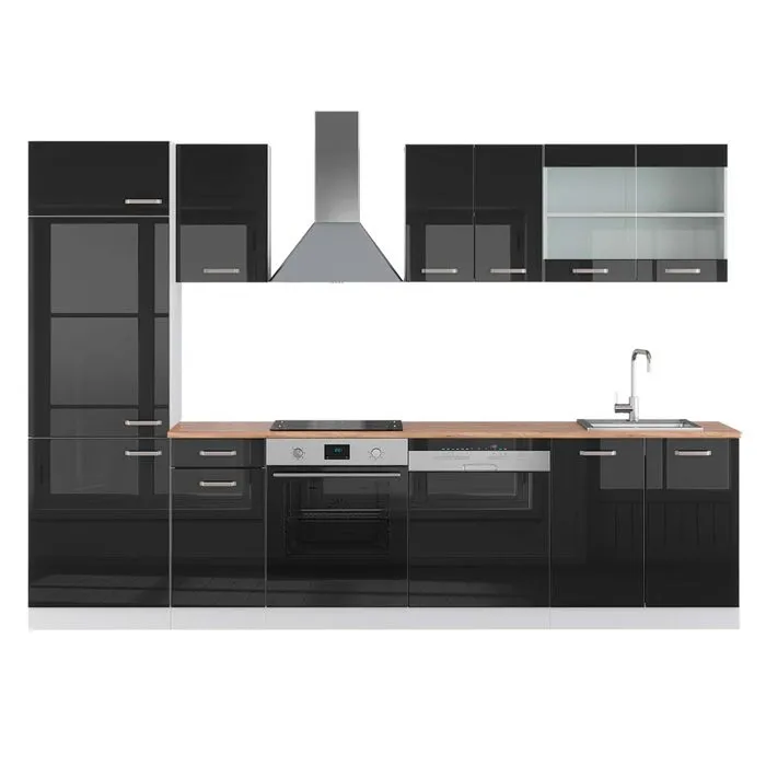Vicco Cuisine Noir brillant/Blanc 300cm, PT Chêne