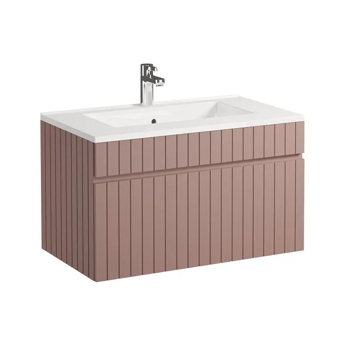 Meuble de salle de bain suspendu strié rose avec vasque à encastrer - 80 cm - SATARA