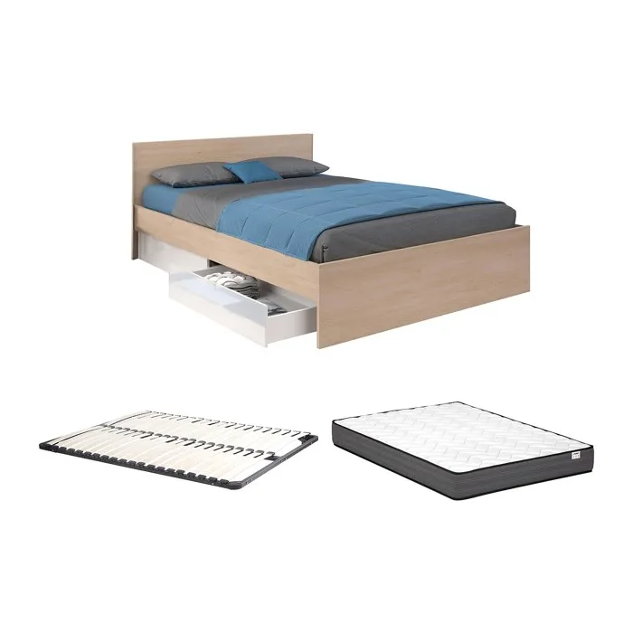 Lit avec 2 tiroirs 160 x 200 cm - Coloris: Naturel et blanc brillant + Sommier + Matelas - VELONA