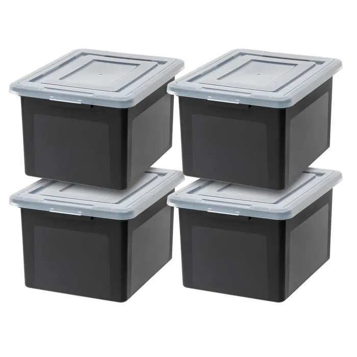 Iris Ohyama, Boîtes de Rangement en Plastique avec Couvercle, 45L, Lot de 4, Noir, Empilable, FB-21E