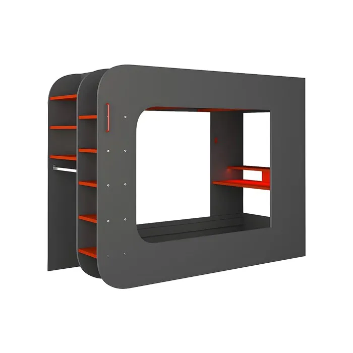Lit Mezzanine Gamer 90 X 200 Cm - Avec Bureau Et Rangements - Avec Leds - Anthracite Et Rouge - Warrior