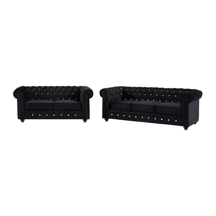 Canapés 3 places et 2 places en velours noir et boutons effet cristal CHESTERFIELD