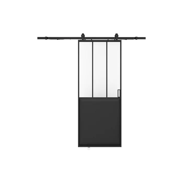 Porte coulissante atelier avec système en applique - Noir et verre trempé - H205 x L93 cm - ARTISTO II