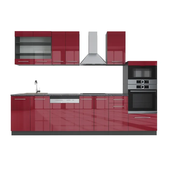 Vicco Cuisine Bordeaux haute brillance/anthracite 300cm avec armoire haute, PT Anthracite