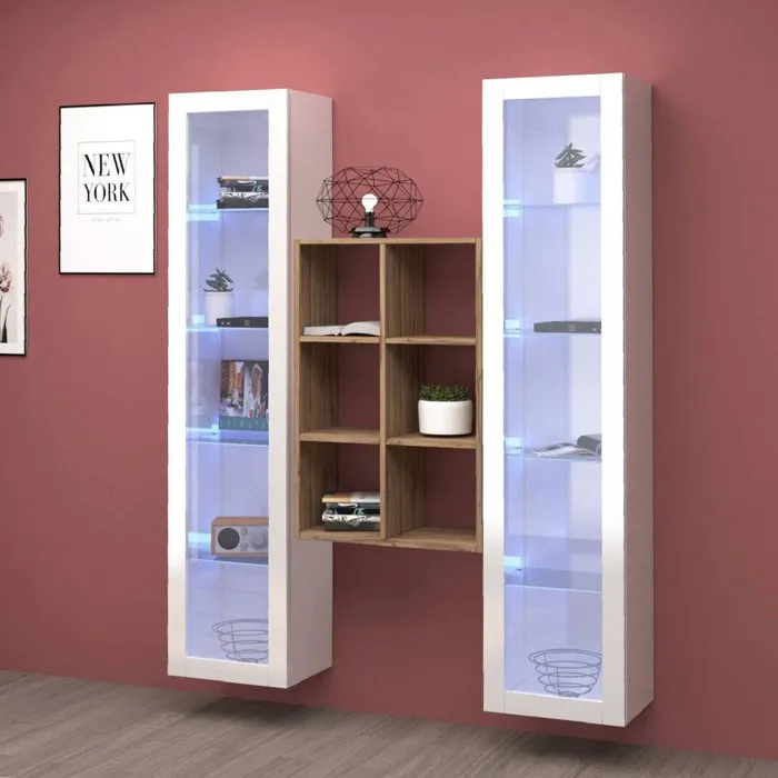 Vitrine Gadoni, 12 Étagères 40x30x180h cm Blanc