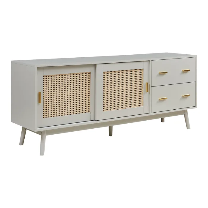 Meuble TV Susa avec façade en polyrotin 160 x 40 x 65 cm beige en.casa