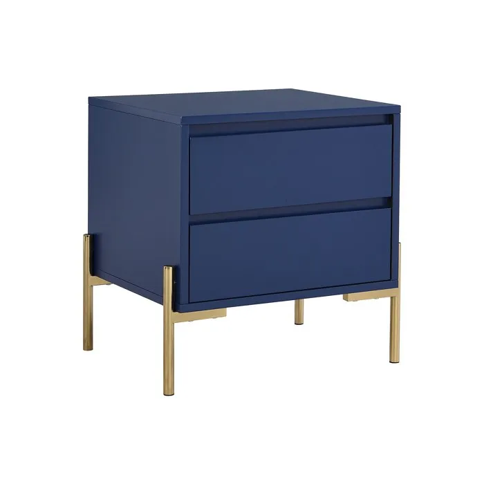 Table de chevet 2 tiroirs - MDF et métal - Bleu laqué et doré - KORASA