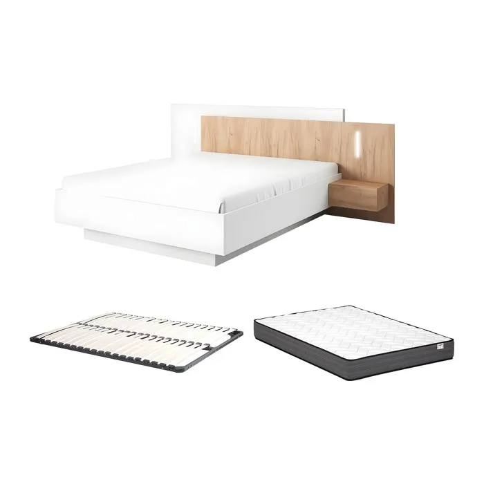 Lit avec chevets 160 x 200 cm - 2 tiroirs - Avec LEDs - Blanc et naturel + Sommier + Matelas Confort - FRANCOLI