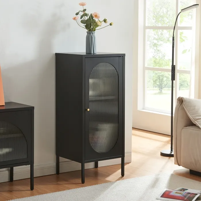 Armoire vitrée Karlskrona acier verre 102 x 43 x 40 cm noir mat en.casa
