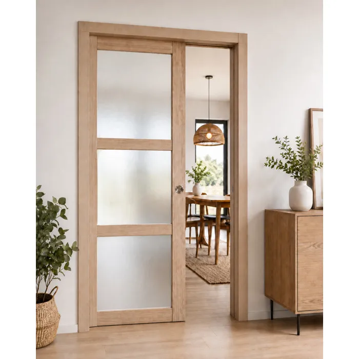 Porte Coulissante Bois Frake Vitrée H204 X L83 Cm, Galandage, Kit Finition (coquille Et Tire Doigt) Gd Menuiseries