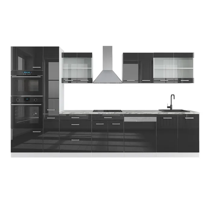 Vicco Ligne de cuisine Anthracite brillant/blanc 350cm avec armoire haute, PT Marbre