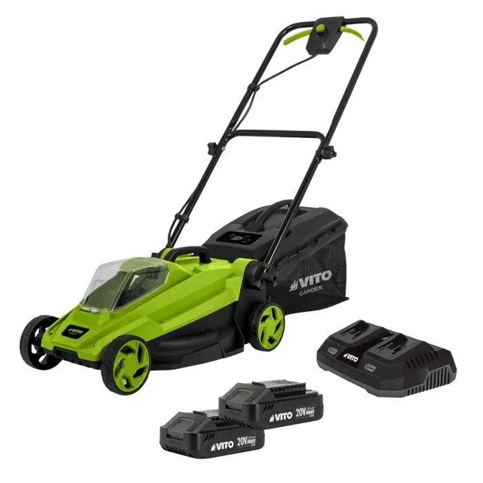 Tondeuse à gazon 20V + 2 Batteries lithium 3.0Ah + Chargeur double Gazon 300m2 - Bac 30L VITO