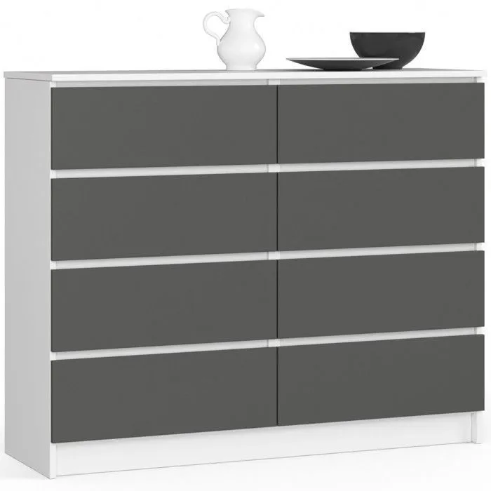 Commode Akord K120 Blanche 120 Cm 8 Tiroirs Façade Gris Graphite 120x40x99 Cm