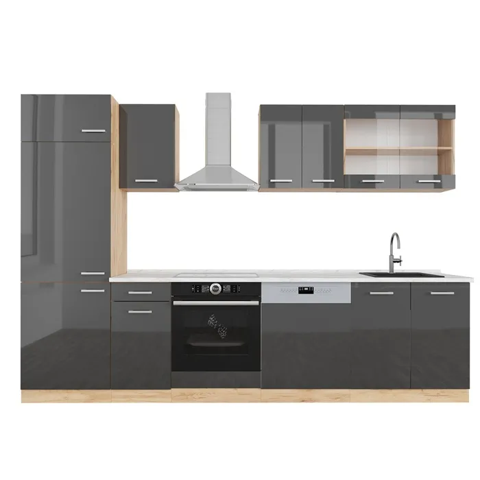 Vicco Cuisine Anthracite brillant/Chêne doré 300cm, PT Marbre
