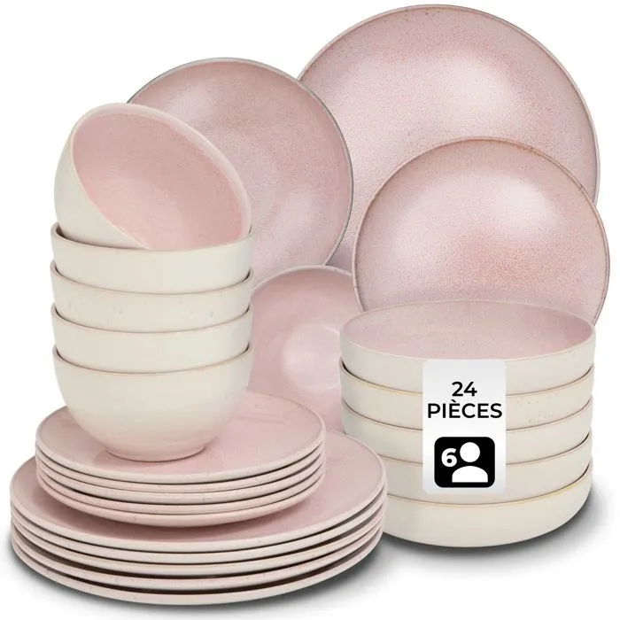 Set De Vaisselle 24 Pièces En Faïence 6 Personnes Fait Main Rose
