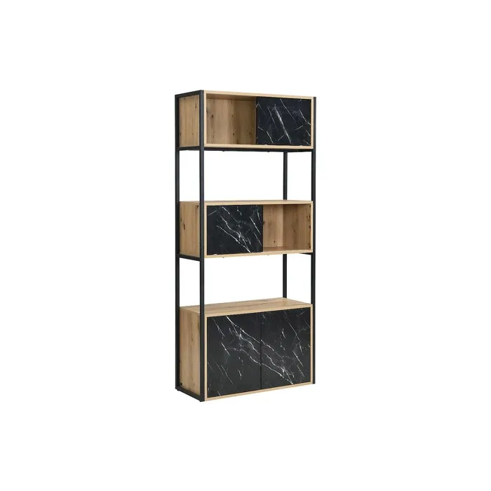Bibliothèque avec 4 portes et 2 niches en MDF et acier - Effet marbre noir et naturel - YELANIA