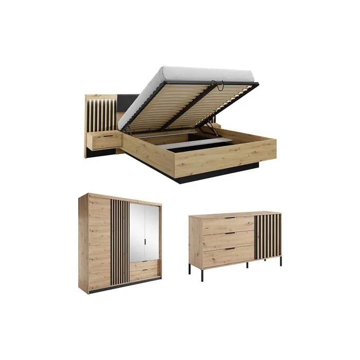 Ensemble lit coffre avec chevets 160 x 200 cm + Commode + Armoire - Coloris: Naturel et noir - ARIADA