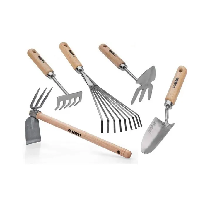 Kit 5 outils de jardin Manche bois Inox et Fer forgés à la main Haute qualité VITO