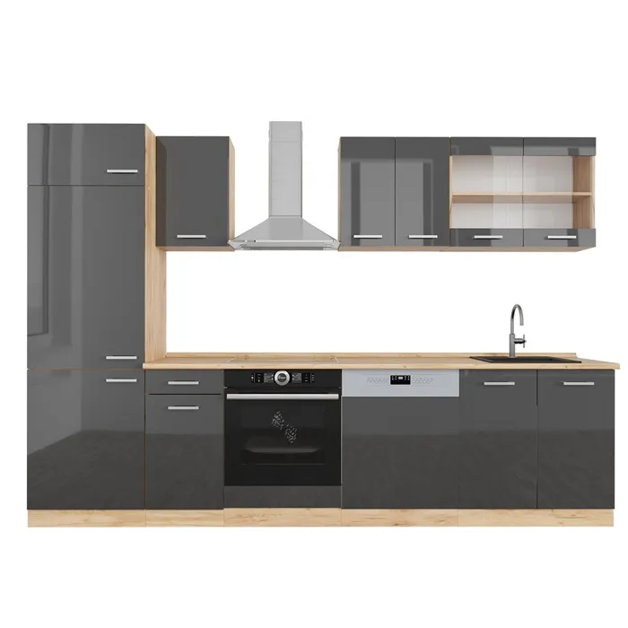Vicco Cuisine Anthracite brillant/Chêne doré 300cm sans PT