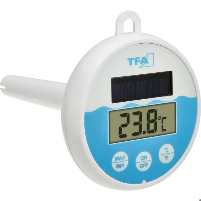 Thermomètre solaire de piscine numérique 30.1068.02 - affichage Maxi/Min, boîtier blanc/turquoise