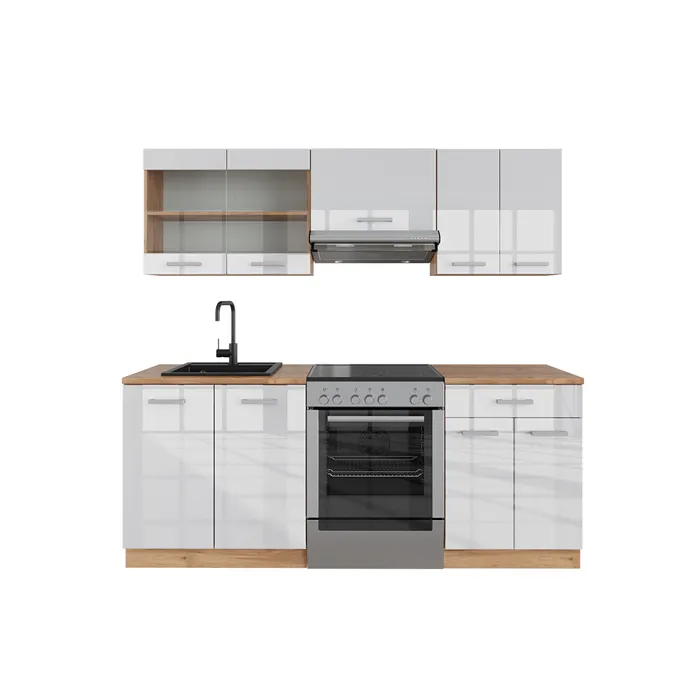 Vicco Cuisine Blanc brillant/Chêne doré 200cm sans PT