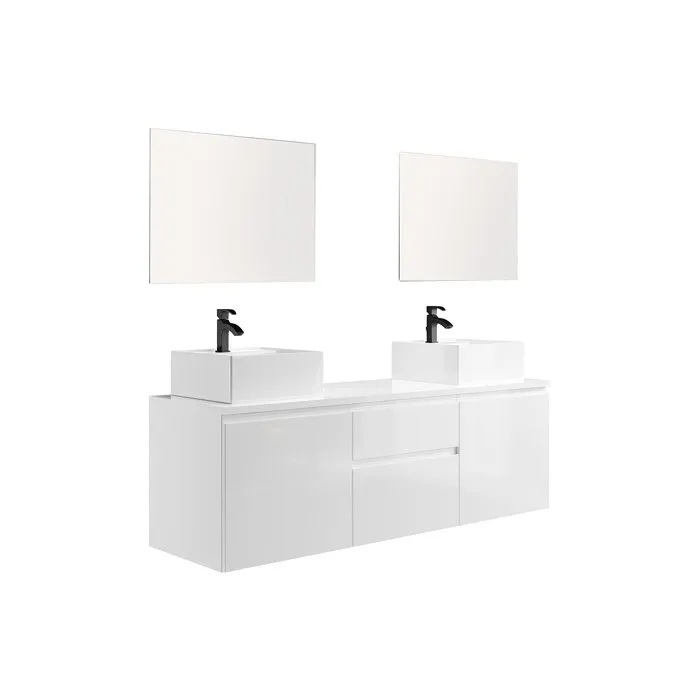 Meuble de salle de bain suspendu avec double vasque et miroirs - Blanc - 150 cm - JIMENA II