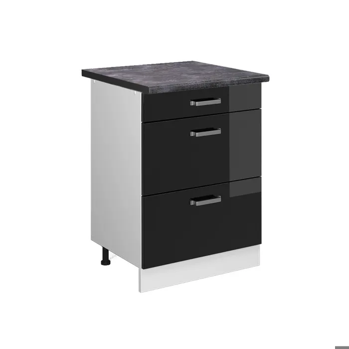 Vicco Meuble cuisine Noir Haute brillance/Blanc 60cm avec tiroirs plan de travail Anthracite