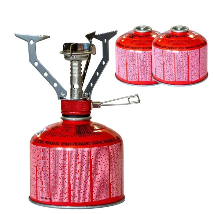 Réchaud gaz portable 4.5 kW + 2 cartouches gaz 230gr - Brûleur randonnée anti-vent Pliable Léger Camping Haute montagne KEMPER