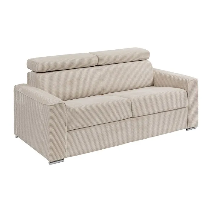 Canapé 3 places convertible express en velours côtelé beige avec assise mémoire de forme - Couchage 140 cm - Matelas 22 cm mémoire