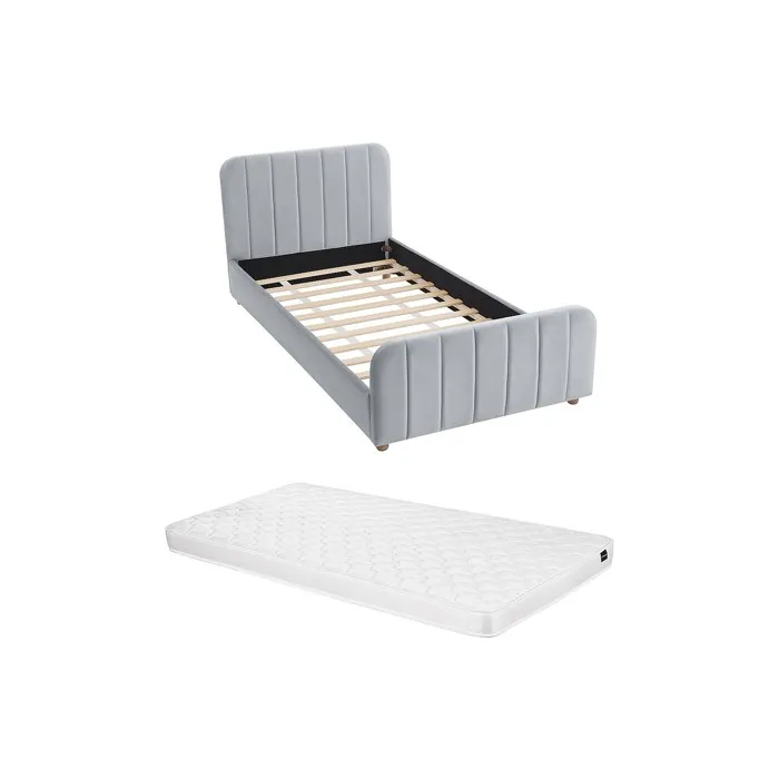 Lit 90 x 190 cm - Velours avec coutures verticales - Gris + Matelas - ROGADI