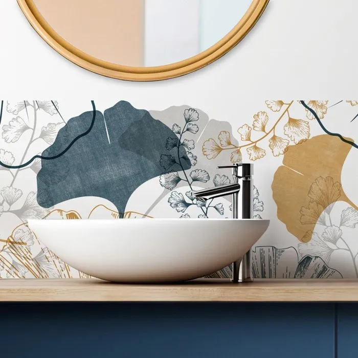 Crédence pour salle de bain en PVC floral doré et bleu 140x30 cm (en 2 bandeaux)