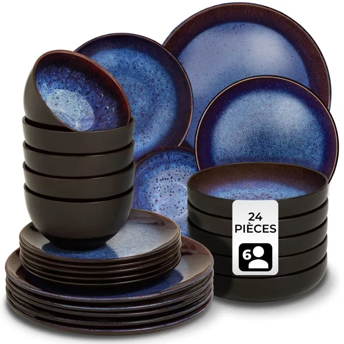 Set De Vaisselle 24 Pièces En Faïence 6 Personnes Fait Main Bleu/brun