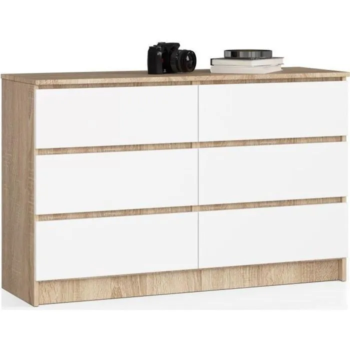 Commode Akord K120 Chêne Sonoma 120 Cm 6 Tiroirs Façade Blanche 120x40x77 Cm