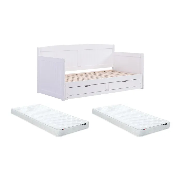 Lit gigogne banquette 90 x 190 ou 180 x 190 cm - Avec sommier peigne et tiroirs - Pin et MDF - Blanc + Matelas - DINIVA