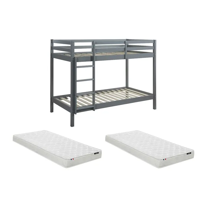 Lits superposés ANICET II - 2 x 90 x 190cm - Pin Massif - Gris + matelas