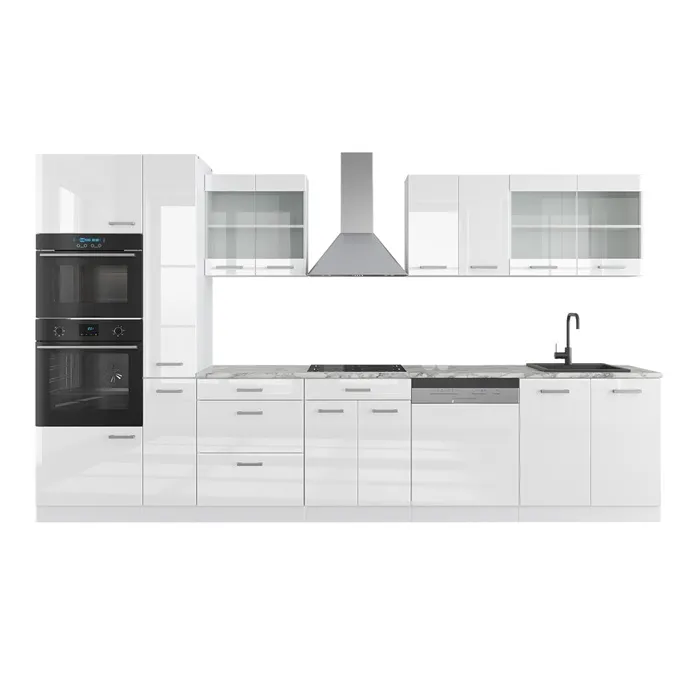 Vicco Cuisine blanc brillant/blanc 350cm avec armoire haute, PT Marbre