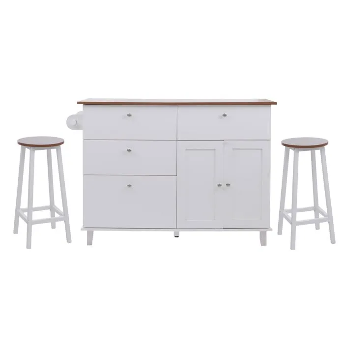 Îlot De Cuisine Avec 2 Tabourets Meuble De Rangement Avec 4 Tiroirs Et 2 Portes 90x131x47 Cm Blanc Et Bois Clair 040008793