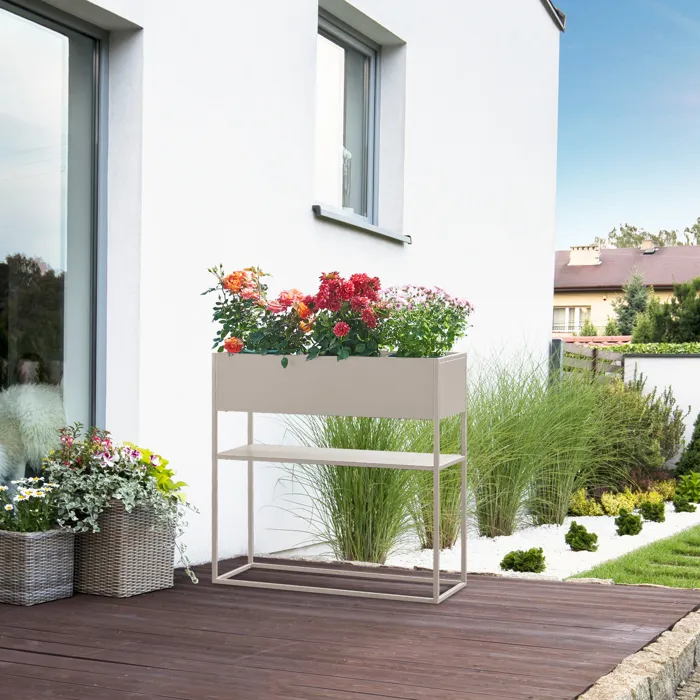 Porte-plantes surélevé Joensuu avec étagère 80 x 80 x 25 cm gris clair en.casa