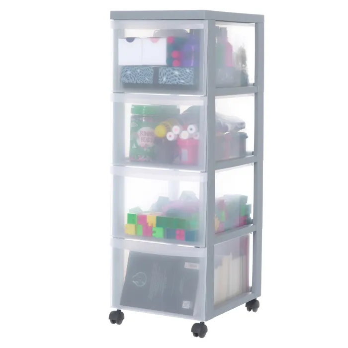 Iris Ohyama, Tour de rangement plastique sur roulettes A4, 4 Grands Tiroirs, Gris, DC-304