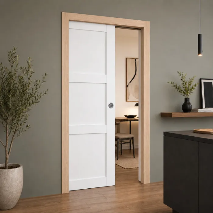 Porte Coulissante Korya Blanc 3 Panneaux H204 X L73 Cm, Galandage, Kit Finition (coquille Et Tire Doigt) Gd Menuiseries