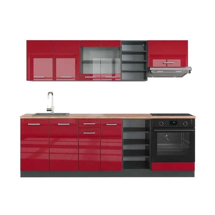 Vicco Cuisine Rouge brillant/Anthracite 240cm, PT Chêne