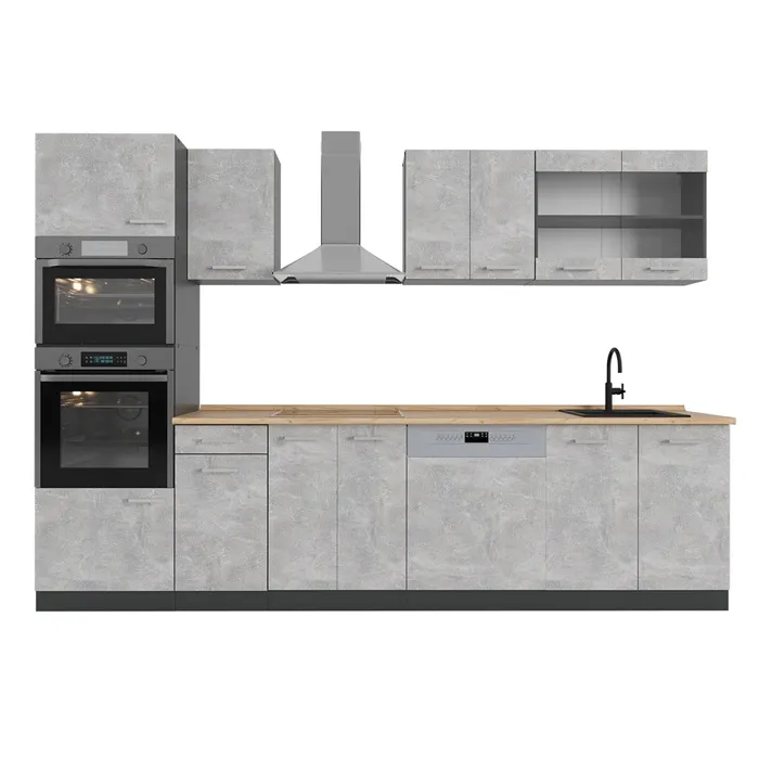 Vicco Cuisine Béton/Anthracite 300cm avec armoire haute, PT Chêne