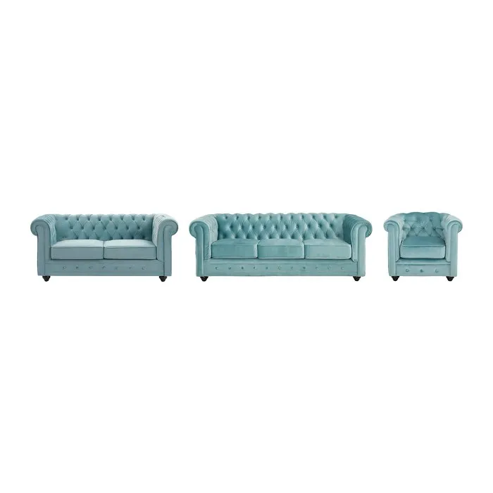 Canapés 3 places et 2 places et fauteuil en velours bleu pastel CHESTERFIELD