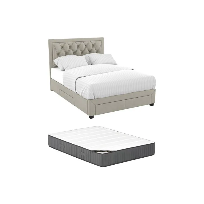 Lit avec tiroirs 180 x 200 cm - Tissu velours - Beige + Matelas - LEOPOLD