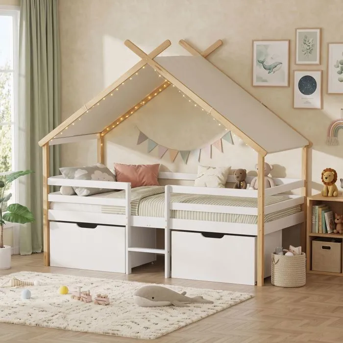 Lit cabane Surnadal bois de pin 90 x 200 cm blanc naturel en.casa